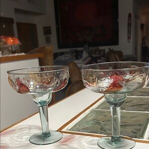 Unique Glass Margarita Goblets with Red and yellow chili pepper accents.